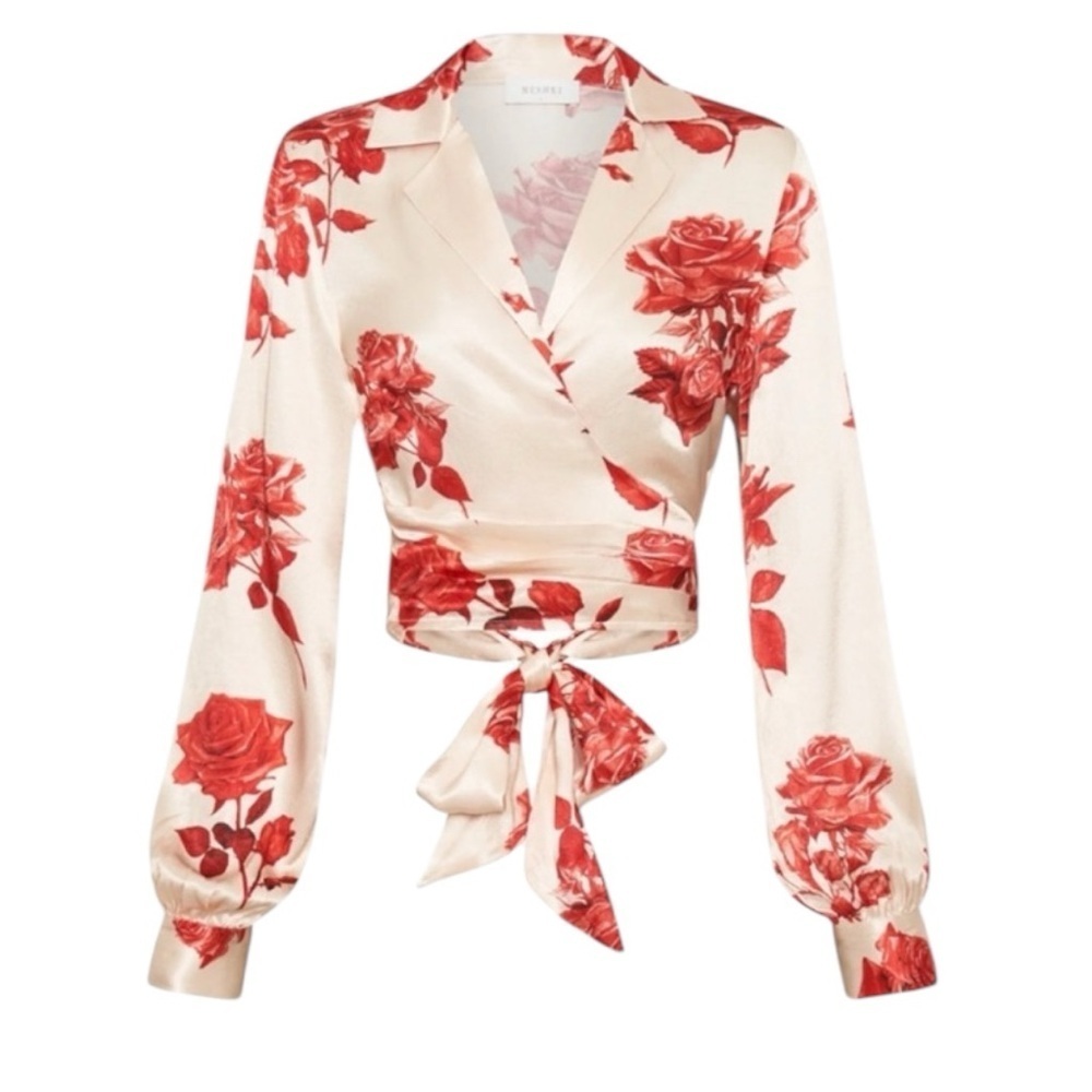 NWT Meshki Amia Satin Rose Wrap Top – Size Small – Romantic Luxe